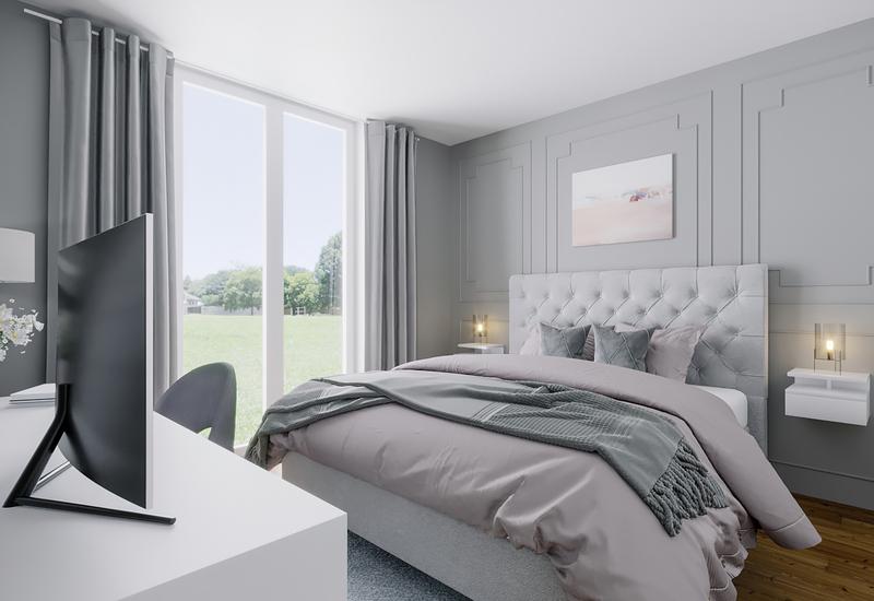 3-D interieurontwerp van slaapkamer voor ruim huis in luxe herenhuisstijl