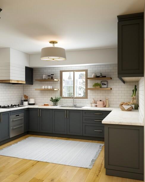 Donkere keuken op houten vloer