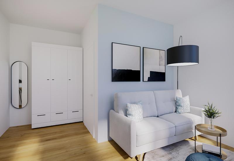 hotelkamer inrichting door Westwing studio: een blauwe muur met sofa