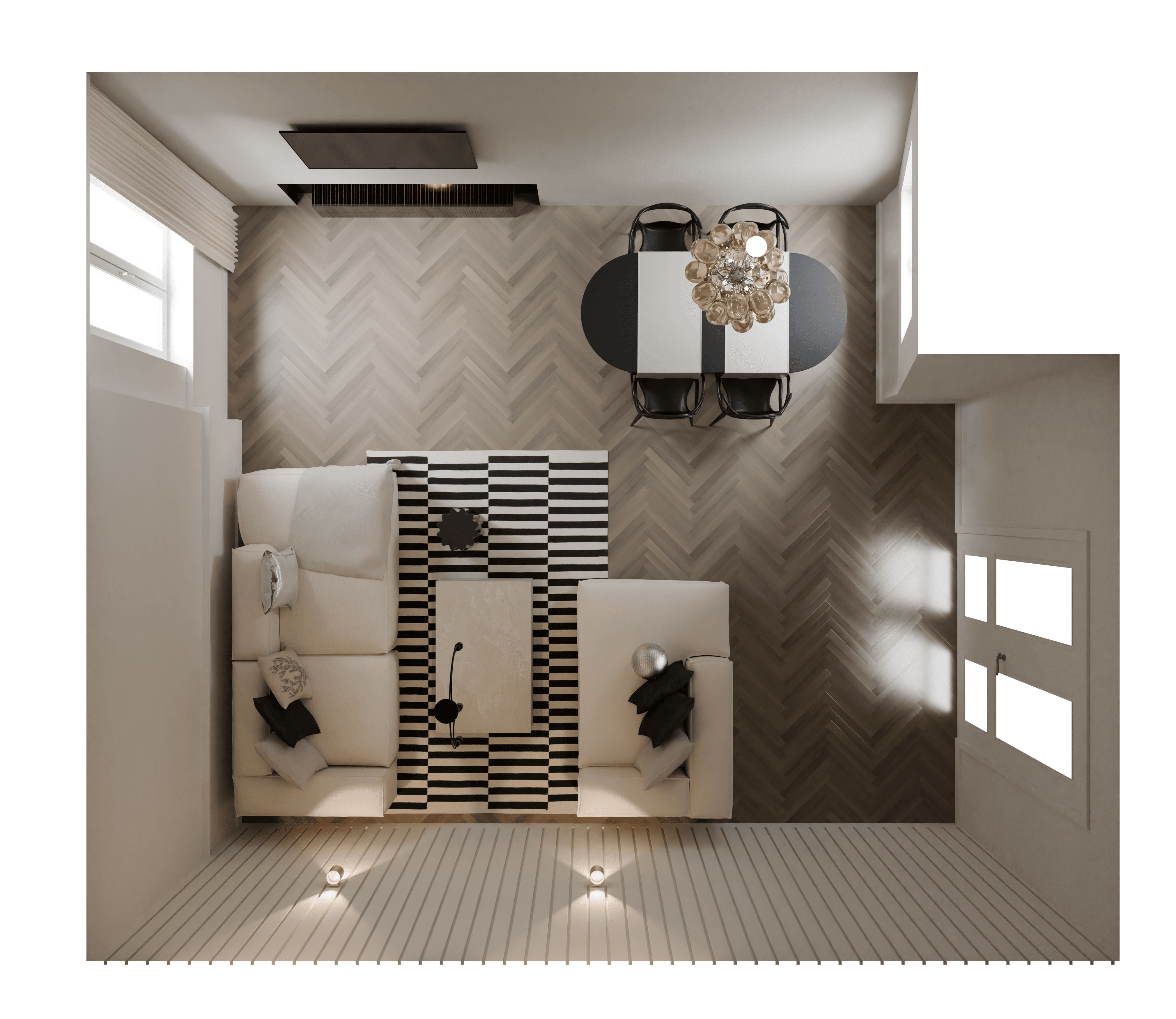 ontwerp voor een smalle woonkamer met eethoek