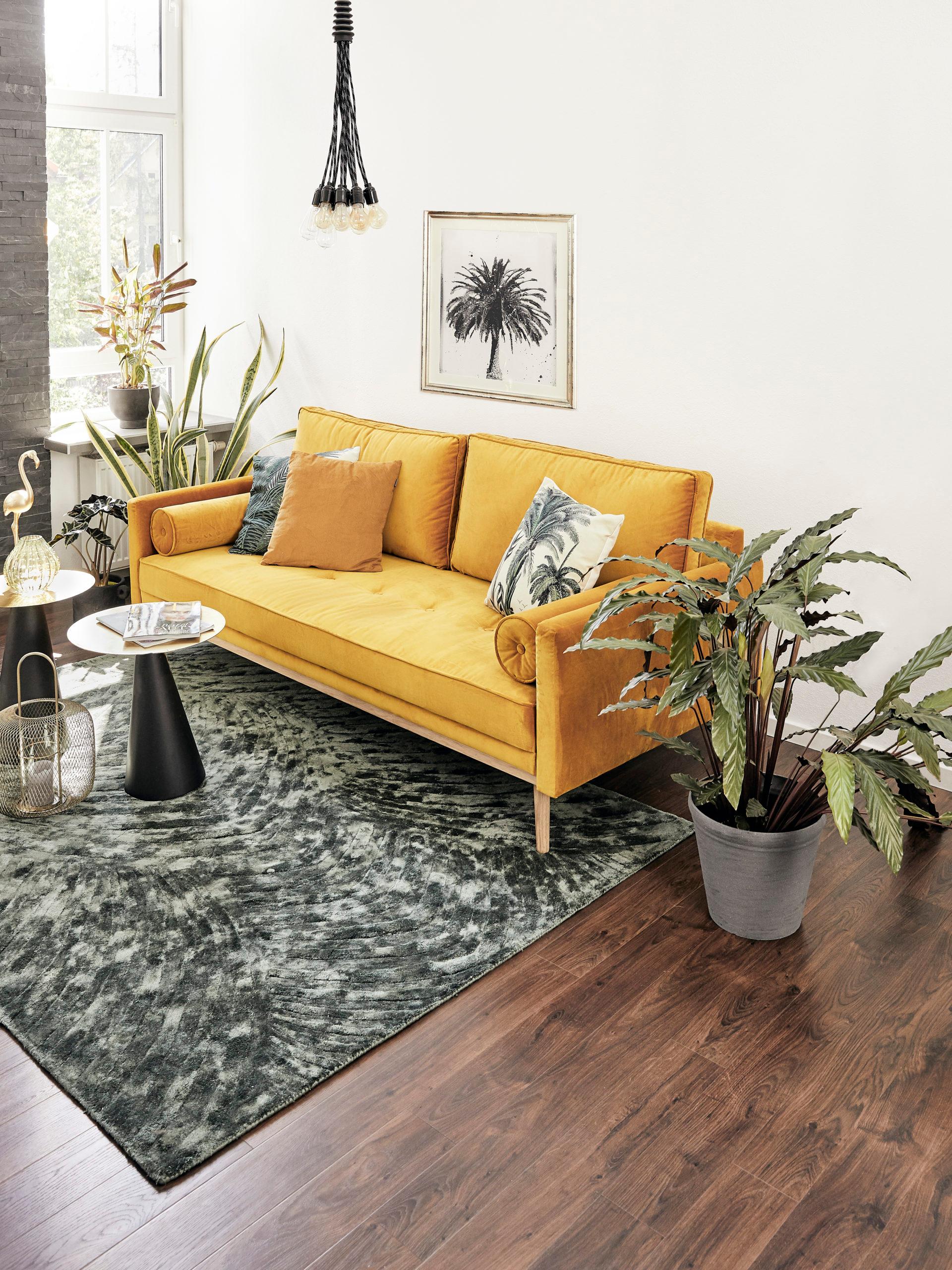 Salon z żółtą kanapą, stolikiem, roślinami oraz zdjęciem