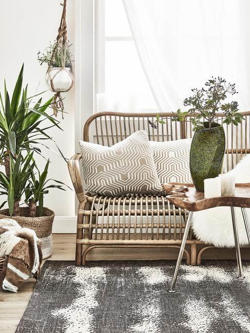 Wiklinowa sofa w otoczeniu dużej ilości roślin