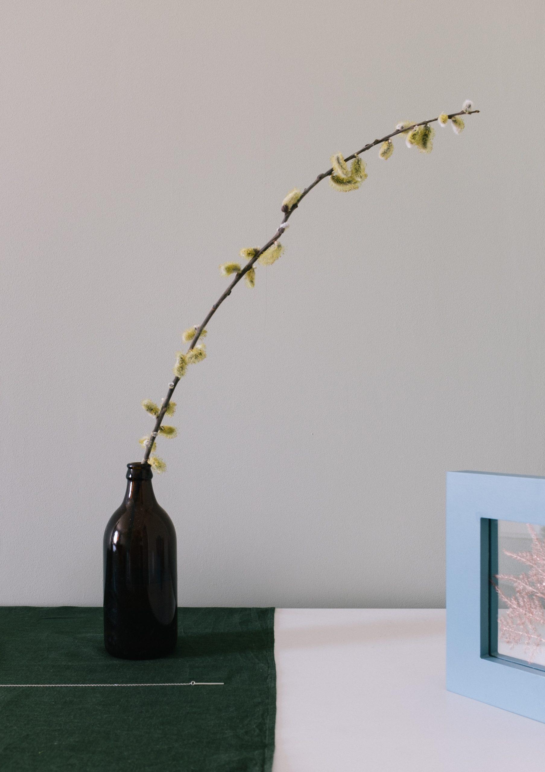 Gałązka rośliny w czarnym waznie w kształcie butelki na czarnym stole