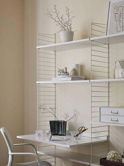 białe biurko z ażurowym białym regałem