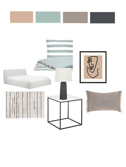 moodboard wnętrza sypialni z szraym łóżkiem, pościelą w zielone pasy i grafiką