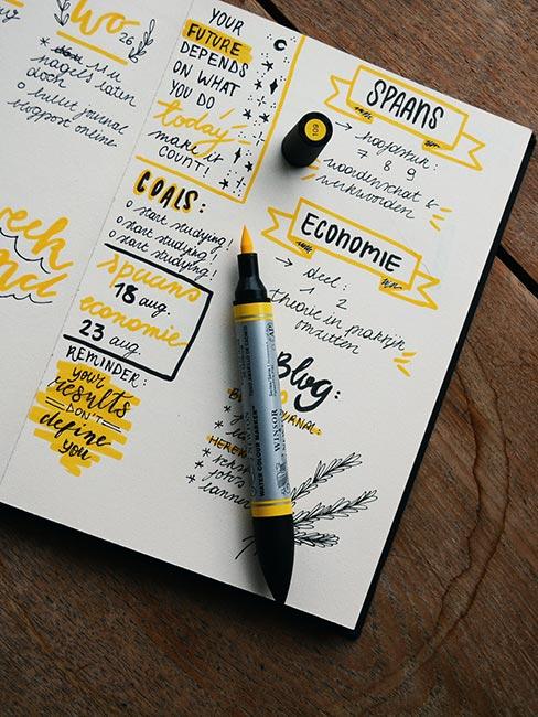 Bellet journal otwarty na stronie z żółtym pisakiem