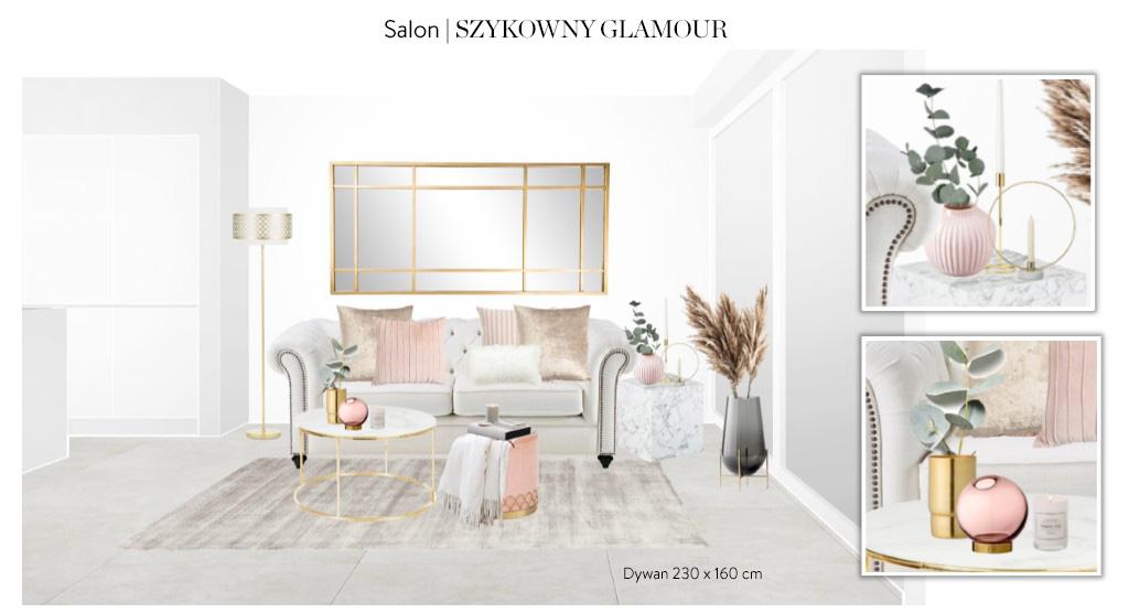 Projekt Westwing zakładający aranżację salonu w stylu glamour