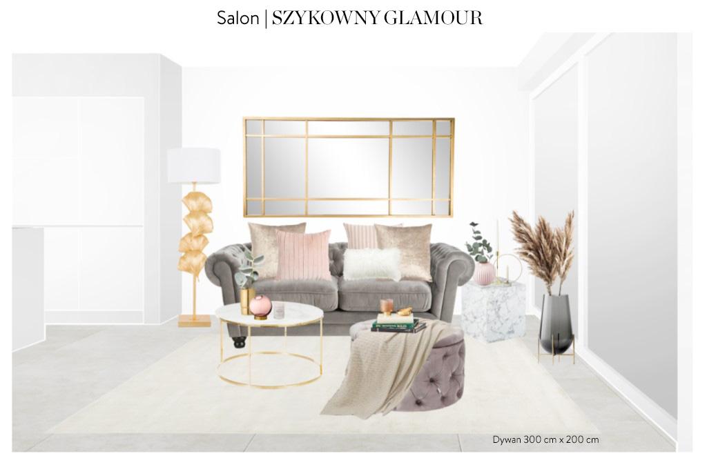 Projekt Westwing zakładający aranżację salonu w stylu glamour
