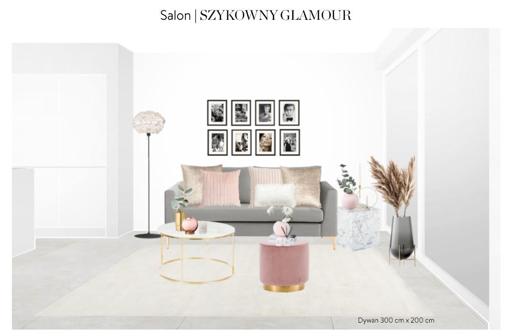 Projekt Westwing zakładający aranżację salonu w stylu glamour