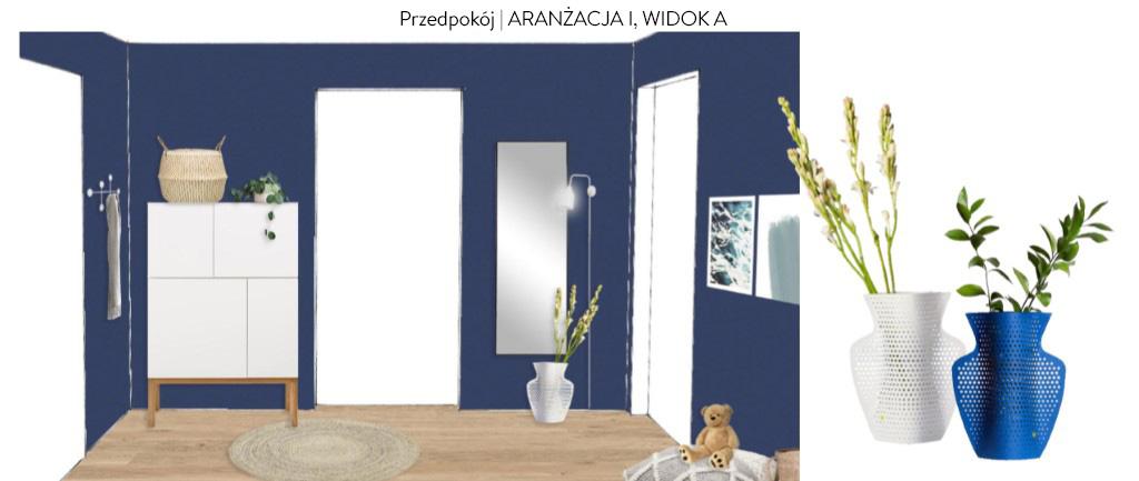 Projekt przedpokoju Proejkt przedpokoju z niebieskimi ścianami i jasnymi meblami i dekoracjami w stylu skandynawskim