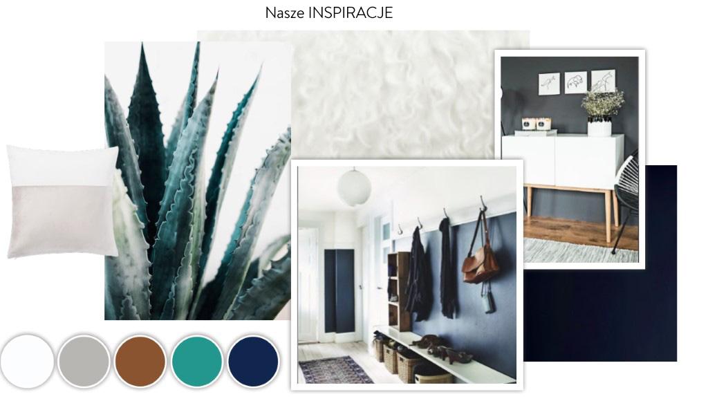 Projekt przedpokoju moodboard przedpokoju z kolorami, zdjęciem sansewierii i zdjęciami przedpokojów