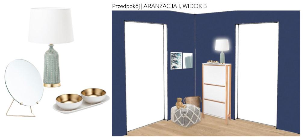Projekt przedpokoju Proejkt przedpokoju z niebieskimi ścianami i jasnymi meblami i dekoracjami w stylu skandynawskim