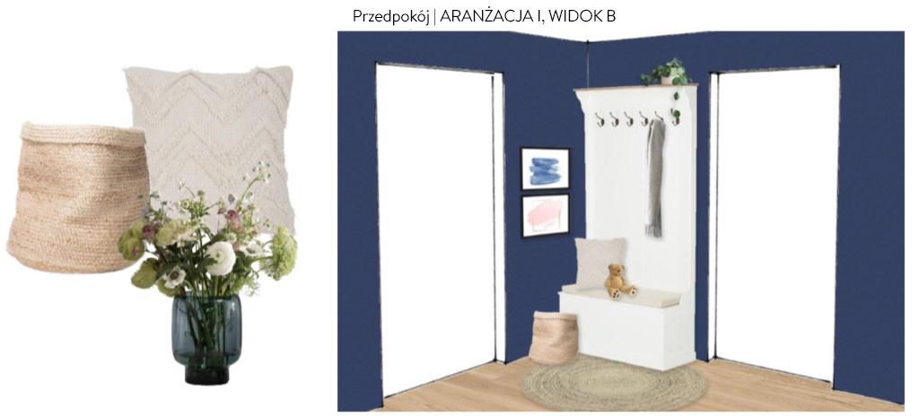 Projekt przedpokoju Proejkt przedpokoju z niebieskimi ścianami i jasnymi meblami i dekoracjami w stylu skandynawskim