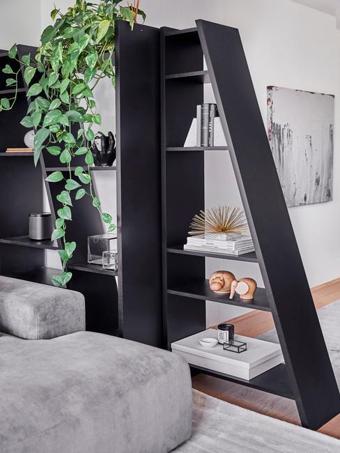 Przytulny salon podzielony regałem