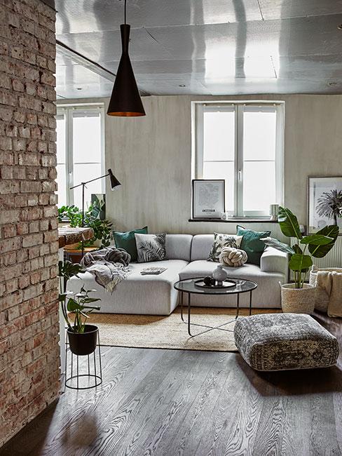 salon w lofcie z szarą sofą modułową i roślinami