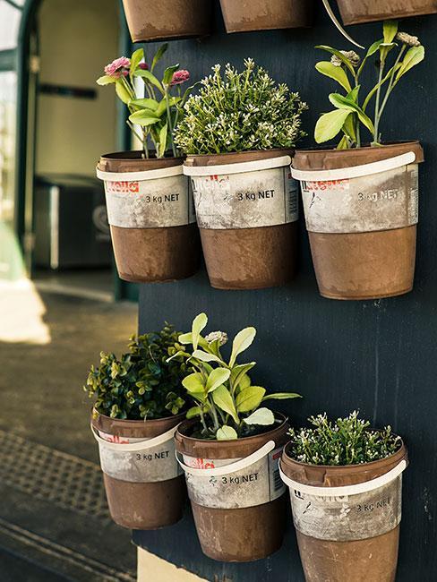 Wiszące doniczki w małym ogrodzie