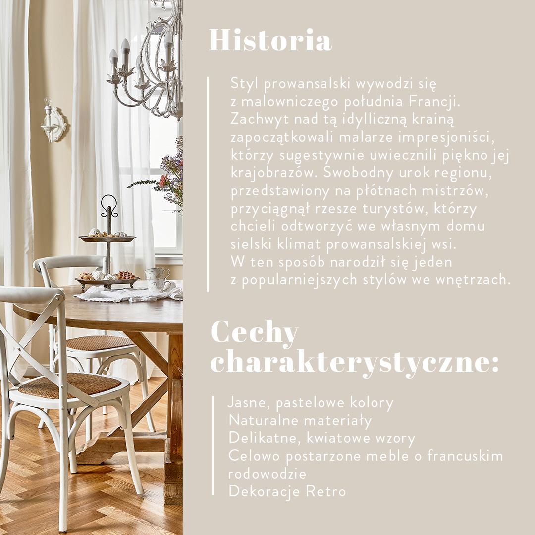 grafika z historią stylu prowansalskiego wraz ze zedjęciem jasnej jadalni z białymi krzesłami