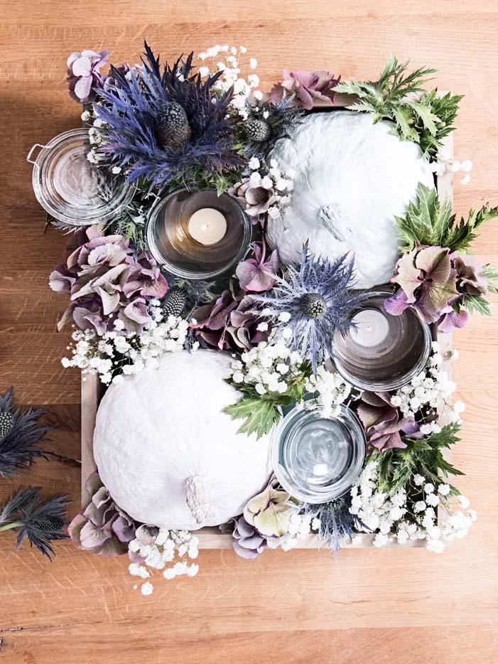 jak zrobić romantyczny jesienny stroik z fioletowych hortensji i dyni