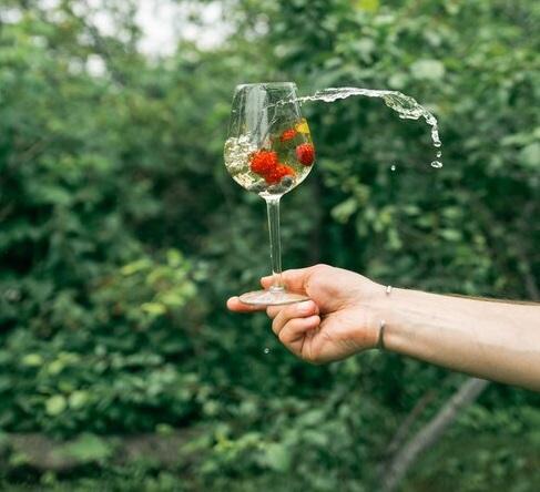 Ręka trzymająca kieliszek z owocami, w tle sad