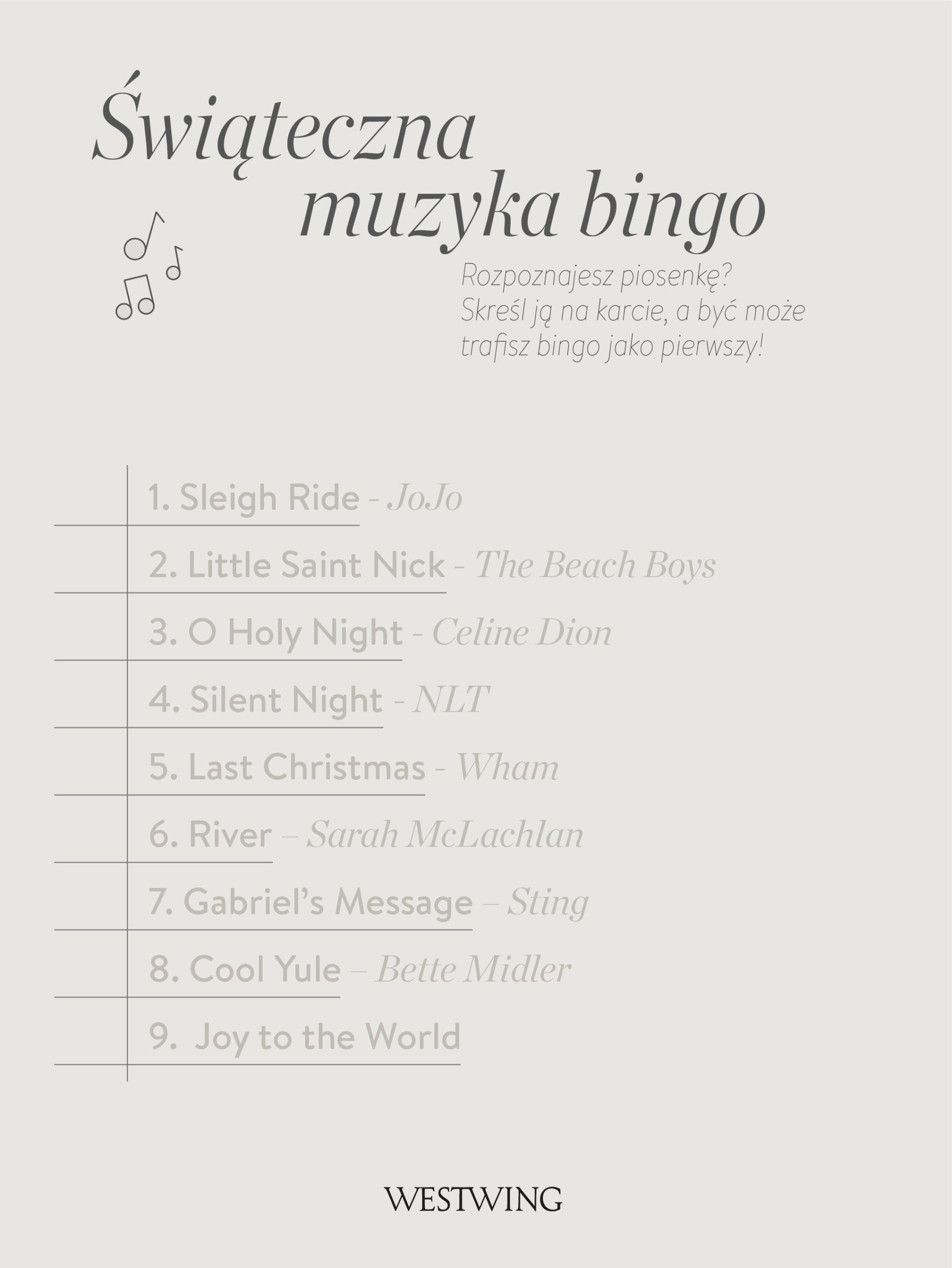 Karta do bingo do wydrukowania z piosenkami świątecznymi