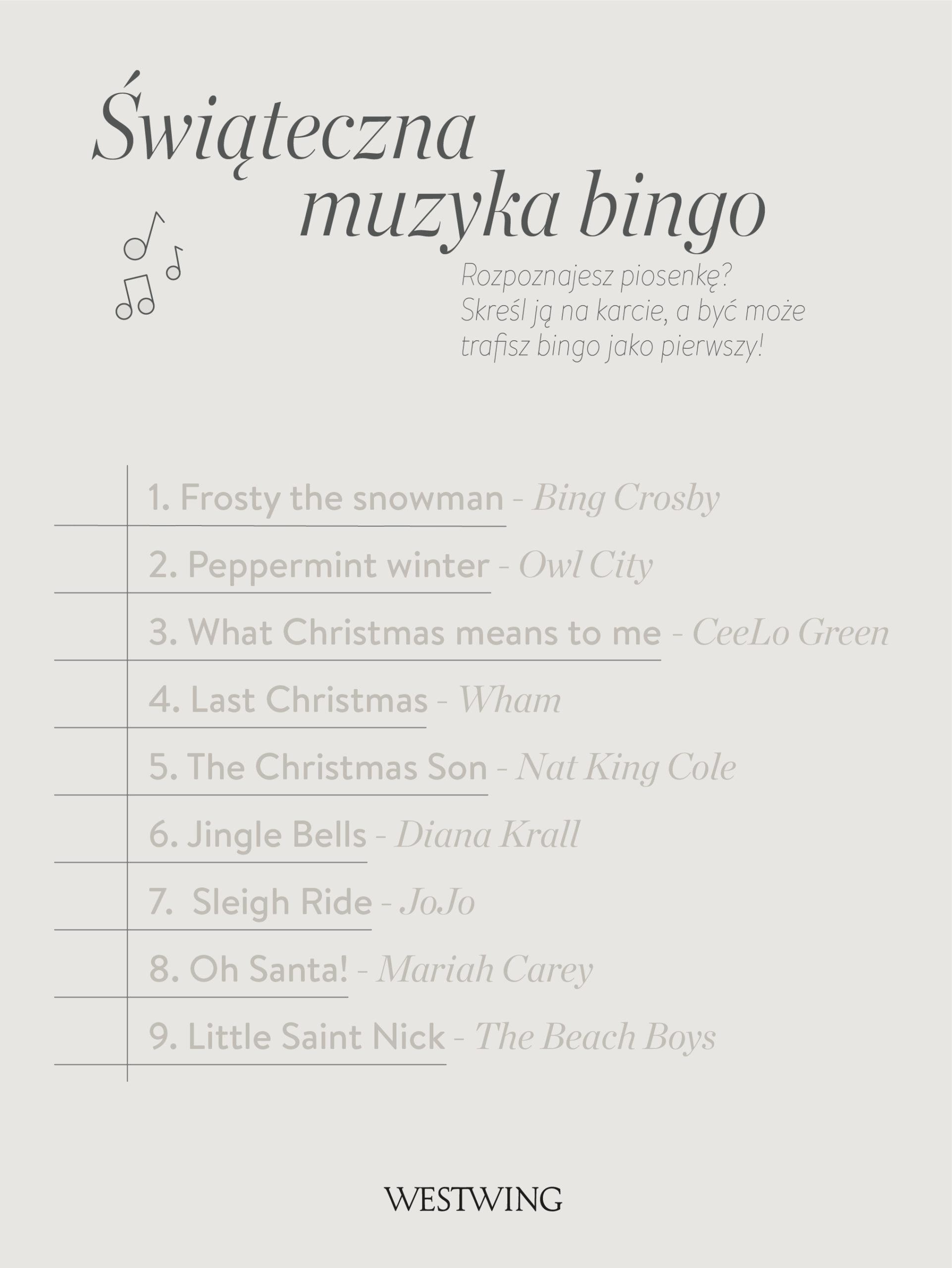 Karta do bingo do wydrukowania z piosenkami świątecznymi