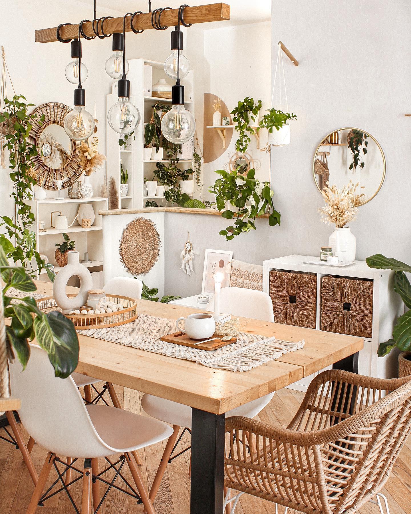 Jasna jadalnia z kuchnią w stylu boho z roślinami