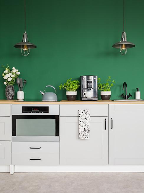 Biała kuchnia z zieloną ścianą