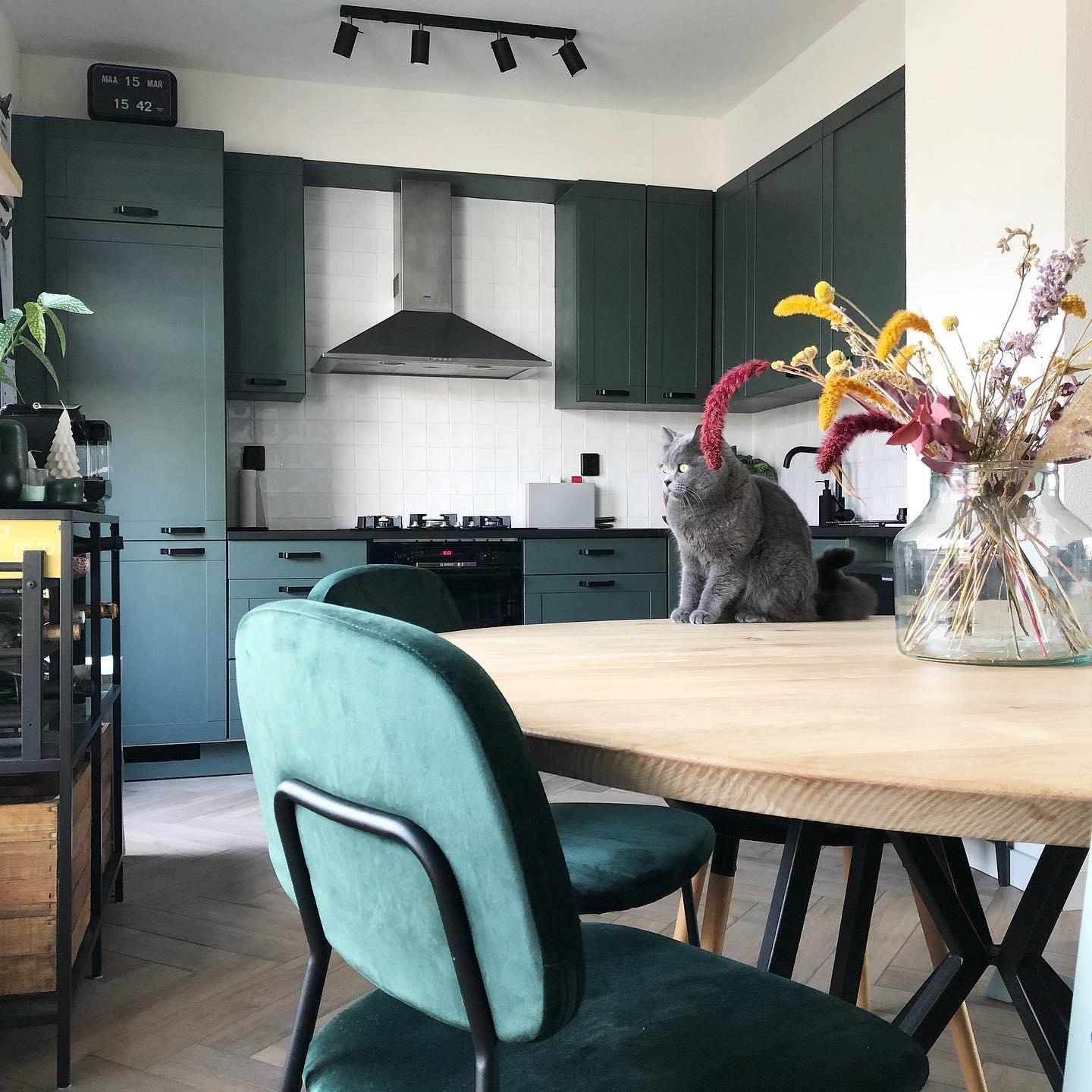 Ciemnozielona kuchnia z jasnym okrągłym stołem