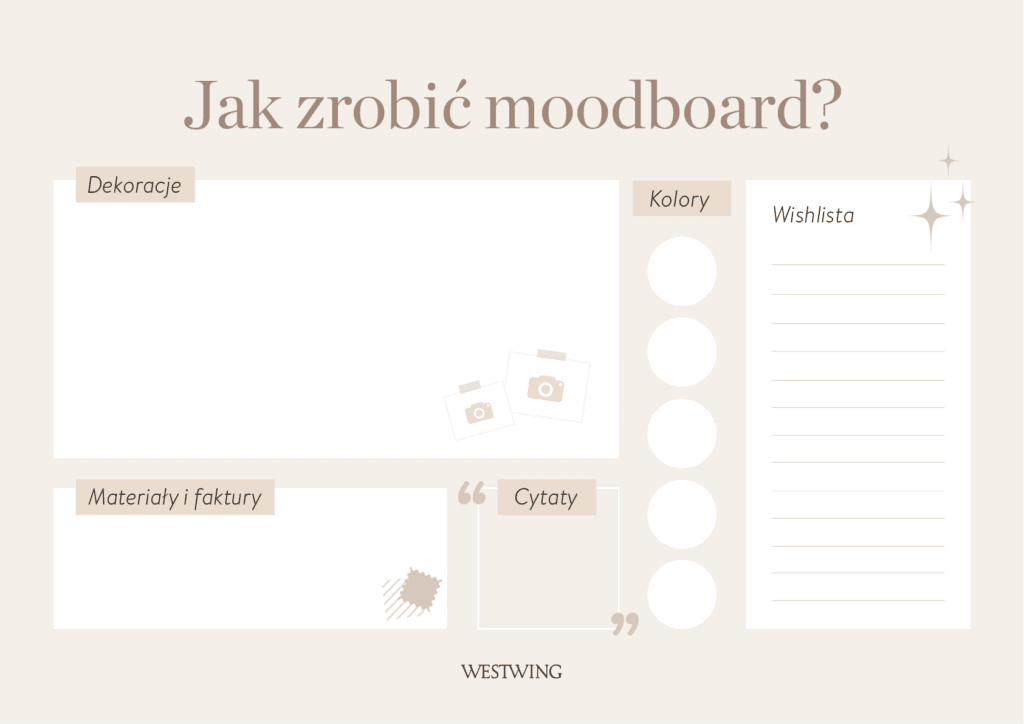 Wzorzec moodboardu z miejscem na kolory, dekoracje i cytaty