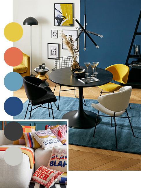 Prrykład moodboardu salonu w intensywnych kolorach