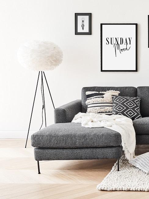 Stalowy odcień kanapy z białymi i czarnymi dodatkami