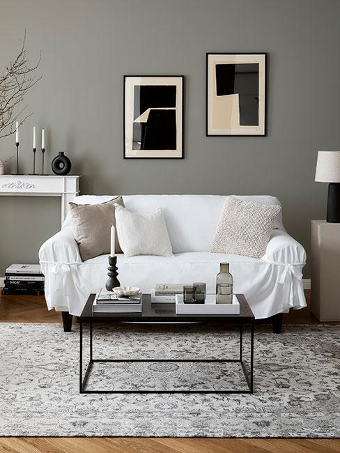 Ściana w kolorze feldgrau z białą sofą