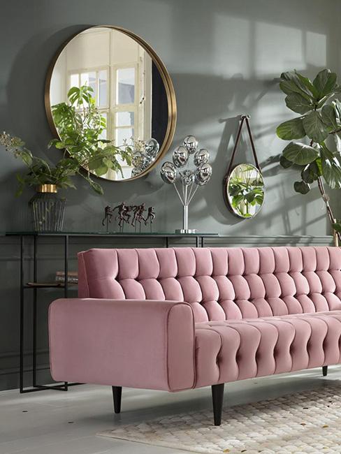 feldgrau Różowa pikowana sofa w z aksamitu na tle regału z roślinami przy ścianie w kolorze feldgrau