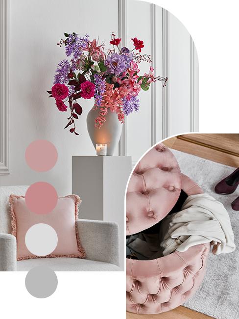 moodboard wnętrz w odcieniach różu pokazujący jaki kolor pasuje do szarego