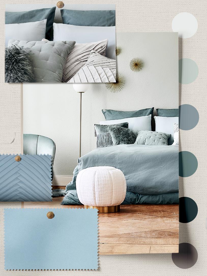 jaki kolor pasuje do niebieskiego - moodboard z odcieniami niebieskiego w sypialni