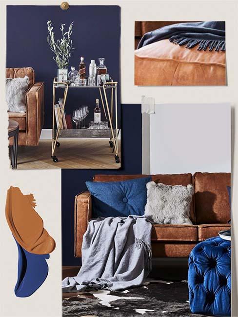 moodboard wnętrz przedstawiający jaki kolor pasuje do niebieskiego z odcieniami brązu