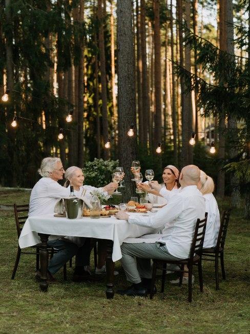 starsze osoby stukające się kieliszkami przy stole w ogrodzie