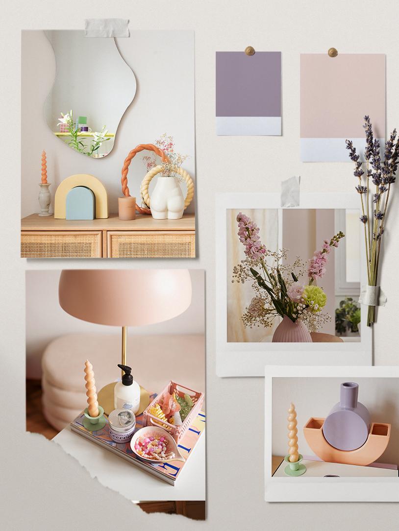 kolor lawendowy na moodboardzie z dekoracjami w pastelowych odcieniach