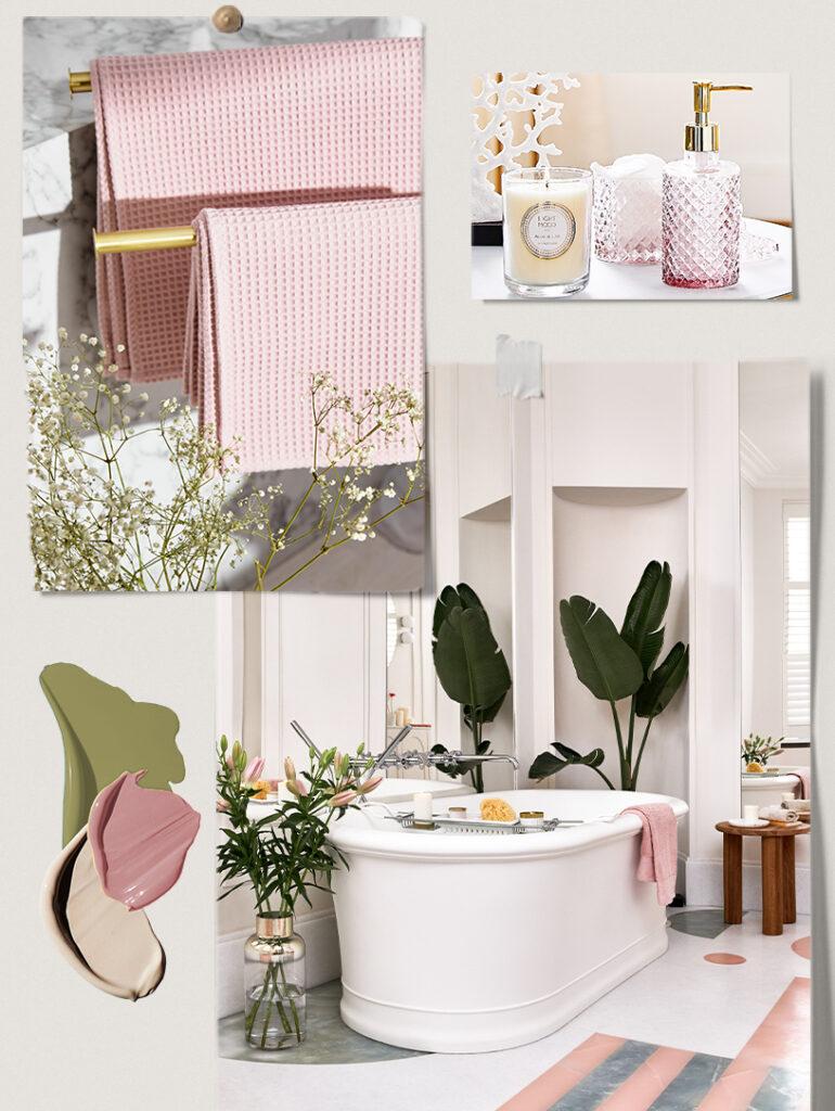 mood board z połączenia różowego, zielonego i beżu