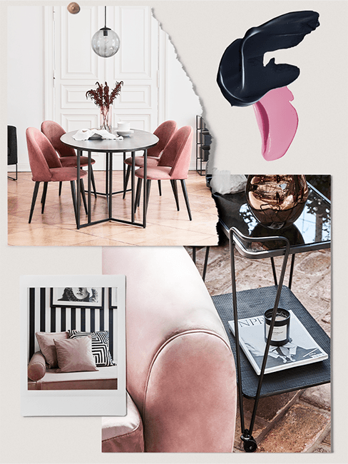 moodboard wnętrz pokazujący połączenia różowego z ciemnym szarym