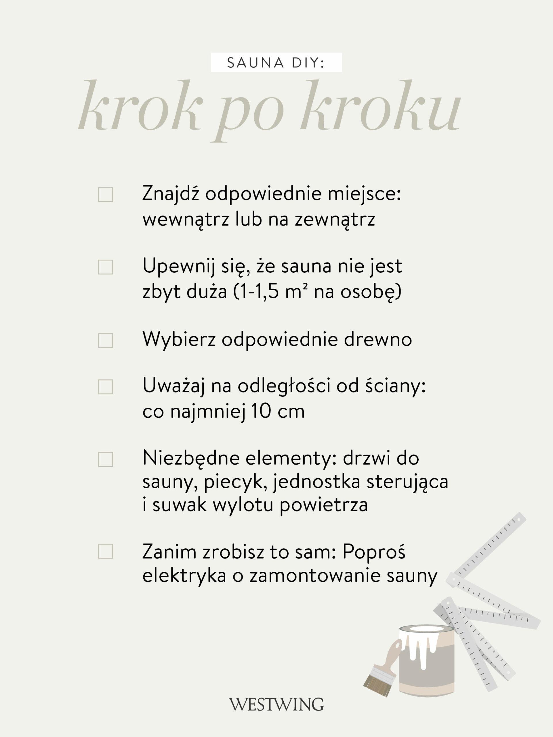 grafika przedstawiająca instrukcje zbudowania sauny domowej