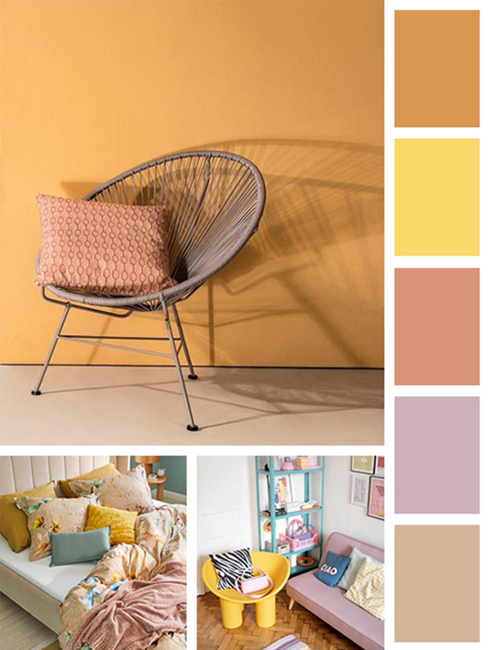 mood board z kolorem żółtym, różowym, beżowym i pomarańczowym