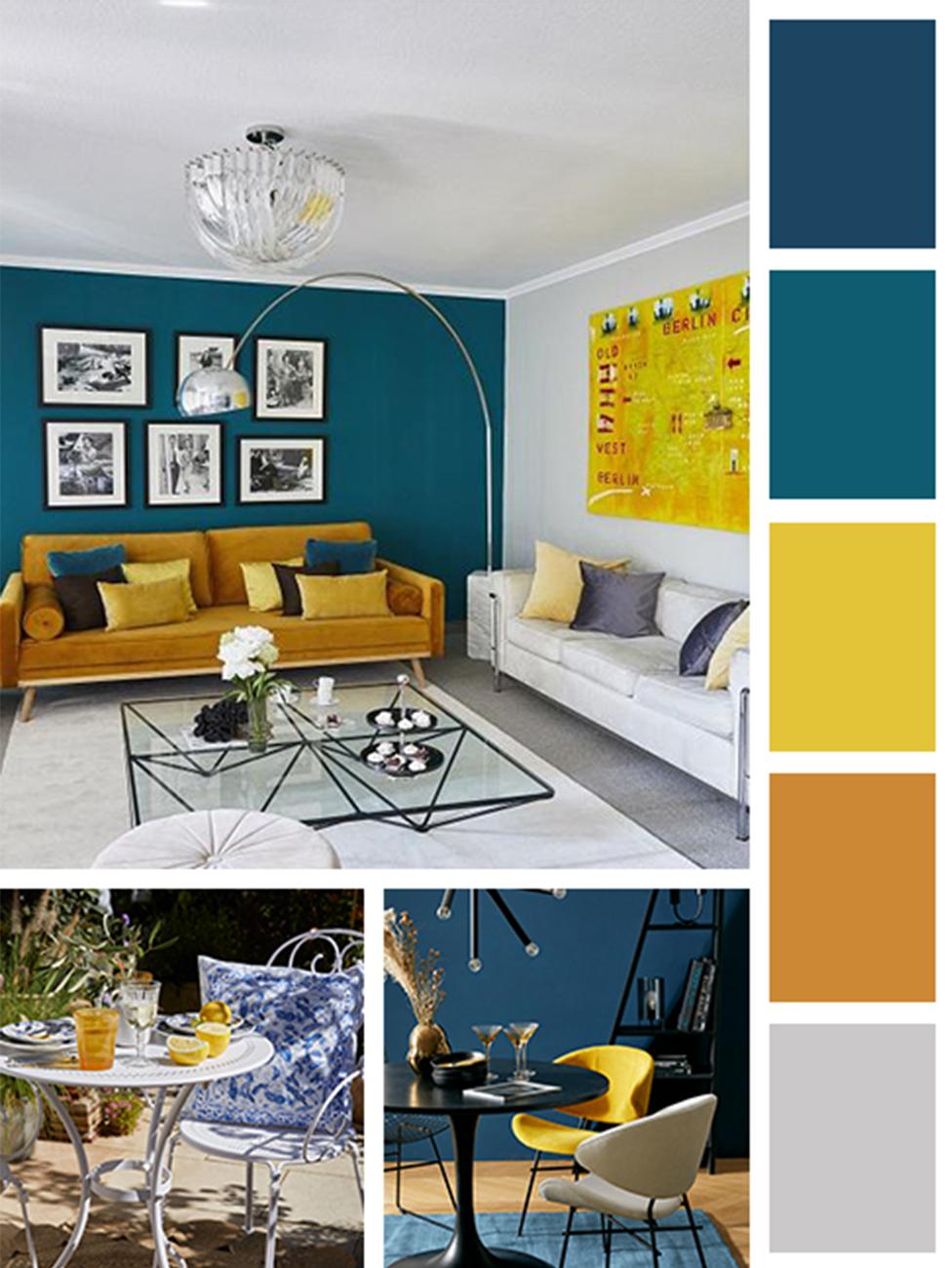 mood board z żółtym, niebieskim i szarym