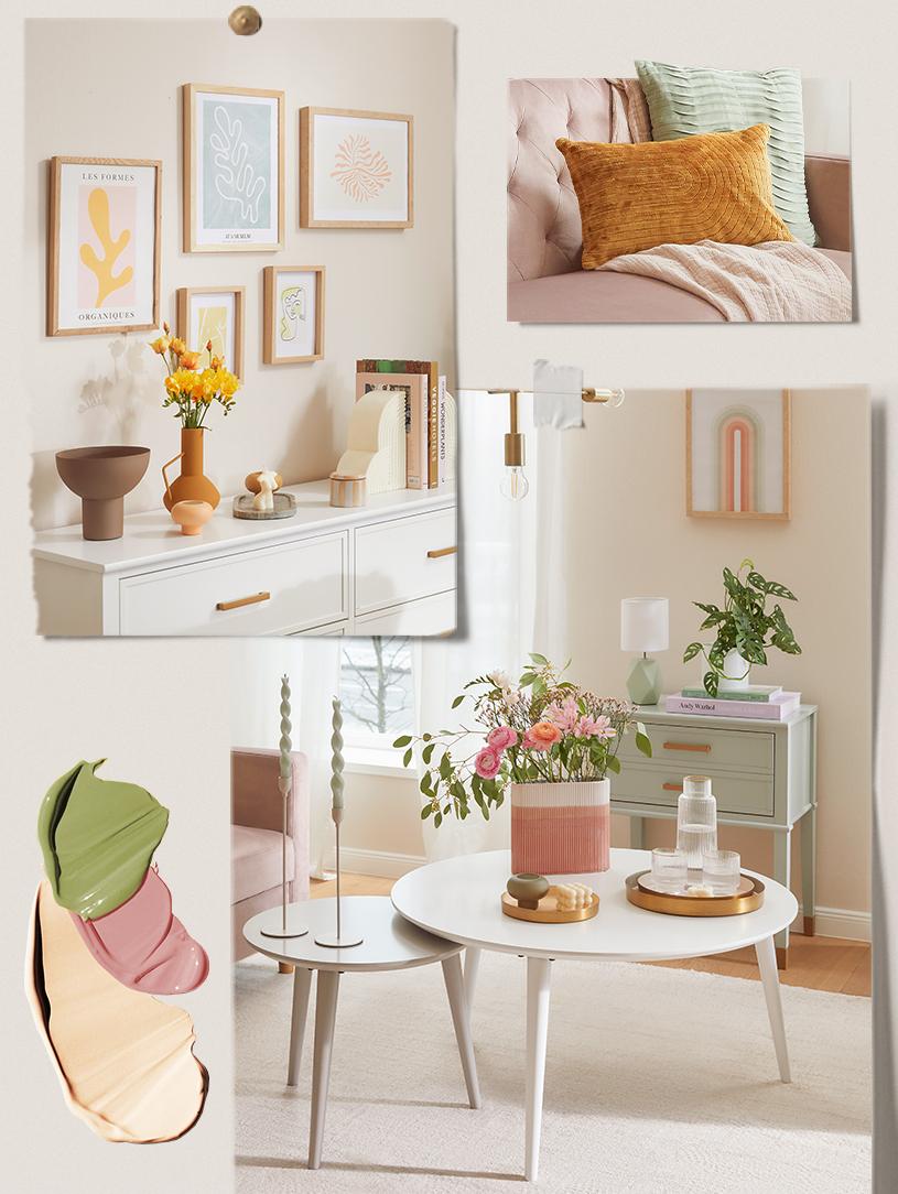 moodboard wnętrz z pastelowym żółtym, zielenią i różowym