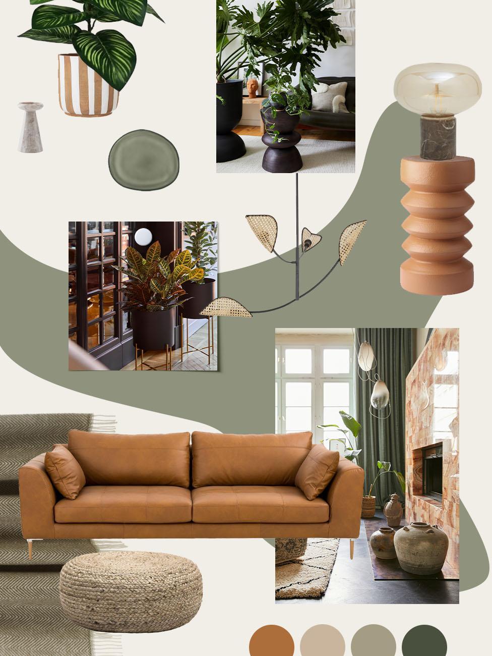 moodboard wnętra boho ze skórzaną sofą i dekoracjami w zieleni z naturalnych materiałów