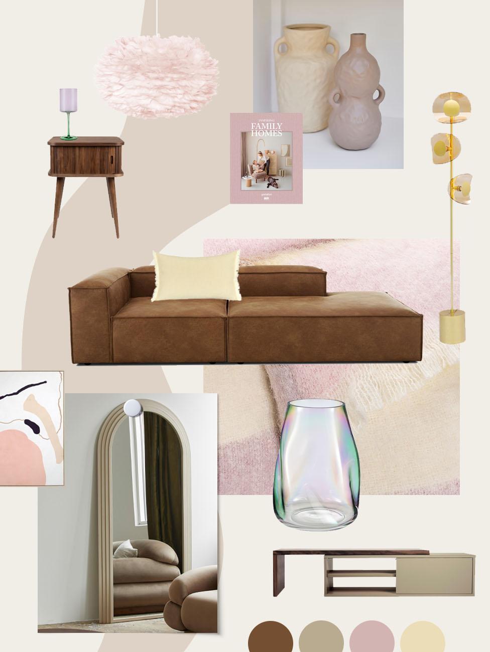 moodboard salonu ze skórzaną sofą modułową z różowymi i żółtymi dekoracjami i tekstyliami