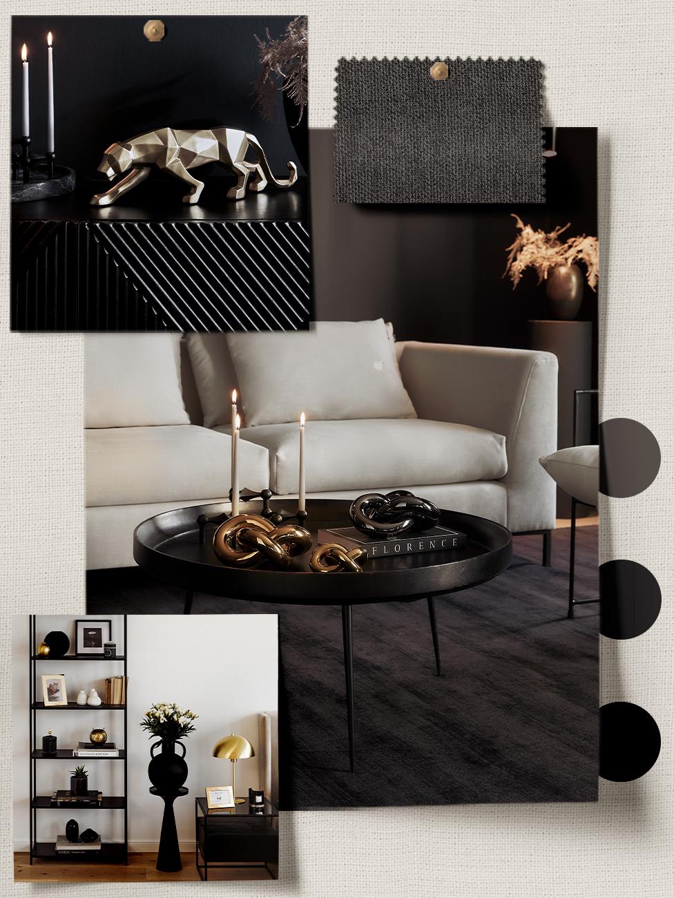 moodboard wnętrza przedstawiający jak łączyć kolor złoty z czarnym