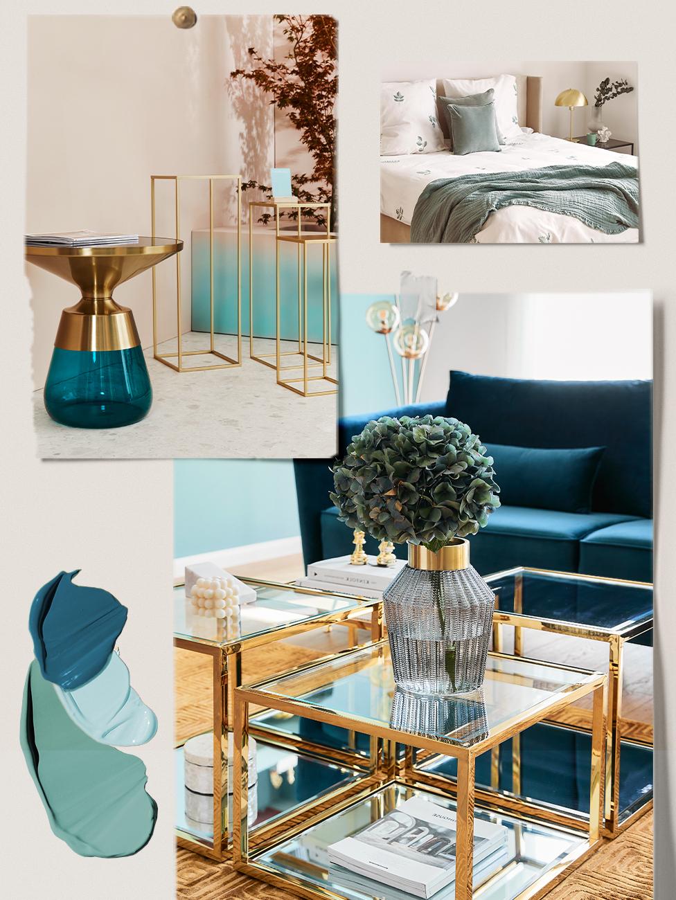 moodboard wnętrza przedstawiający jak łączyć kolor złoty z turkusem