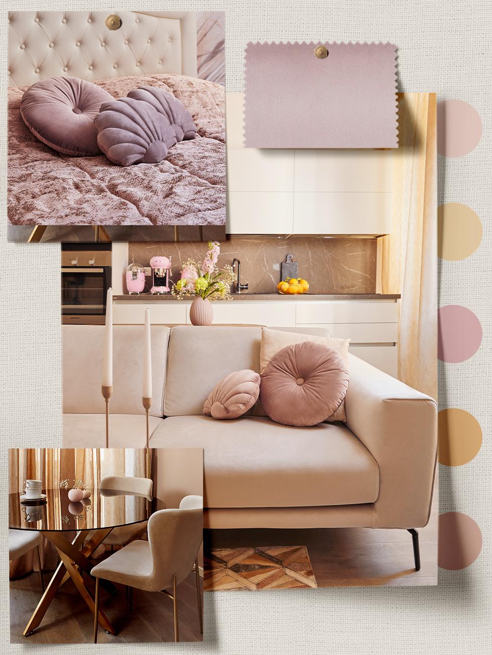 moodboard wnętrza przedstawiający jak łączyć kolor złoty z różowym