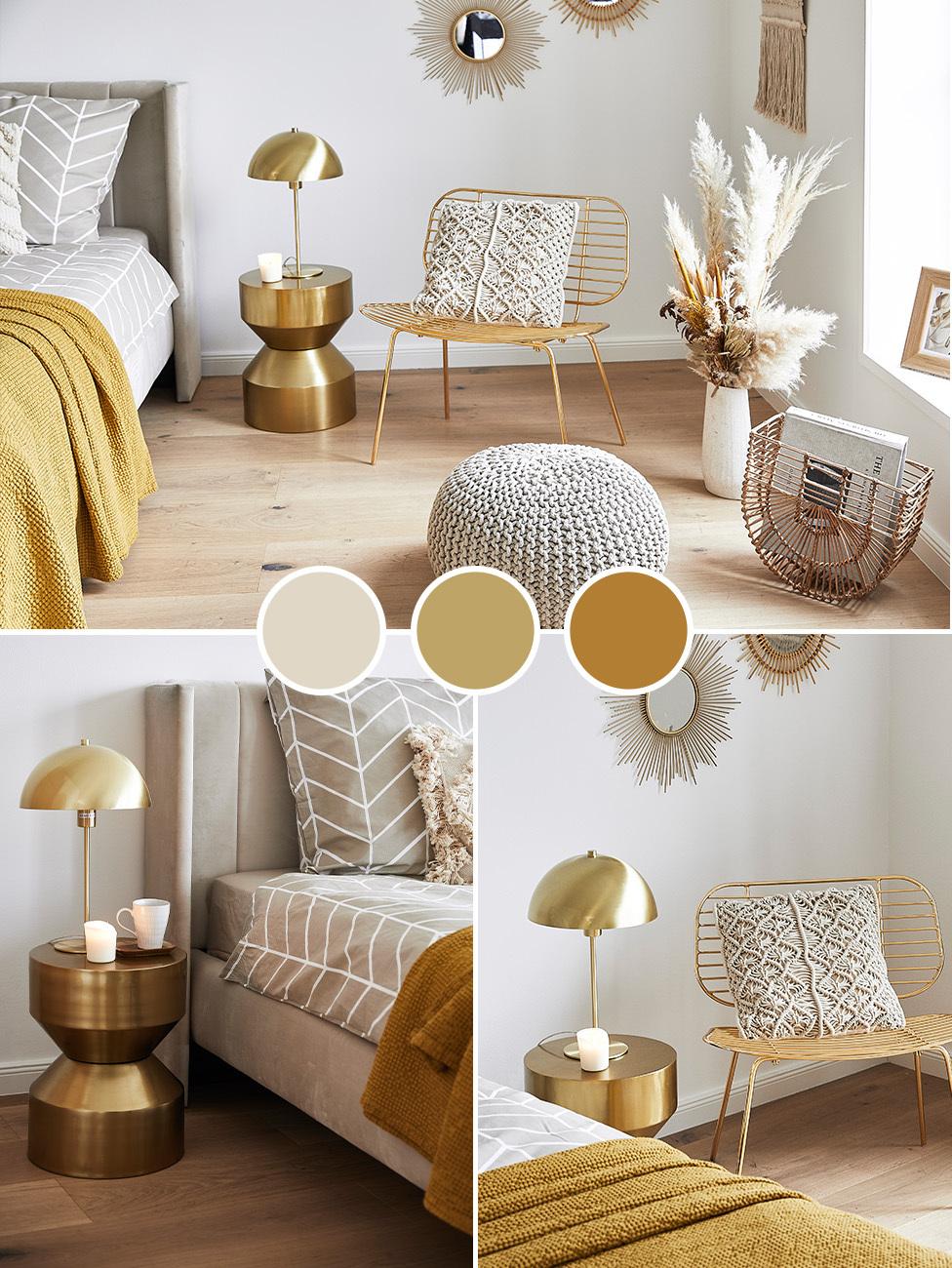 moodboard sypialni w ciepłych kolorach beżu i musztardowym